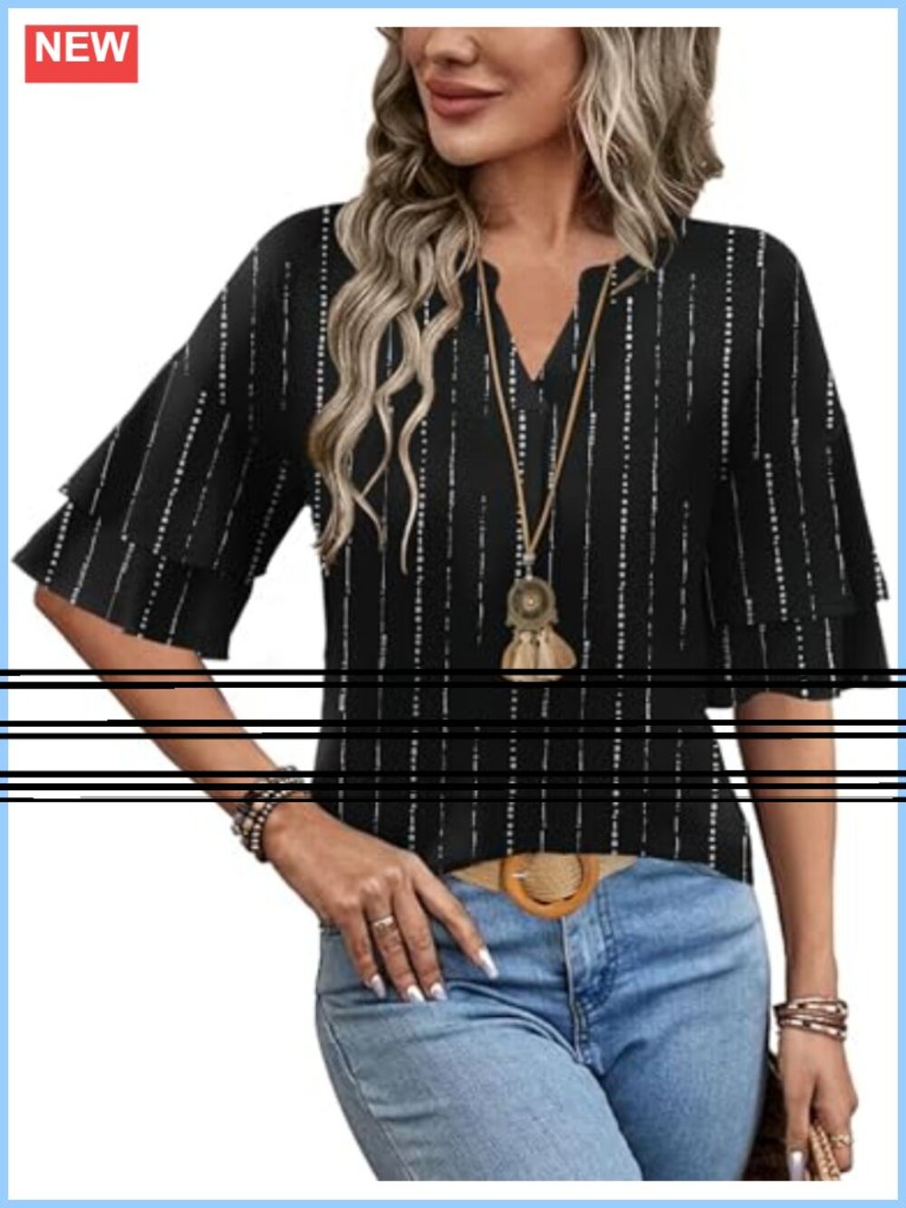 Womens V Neck Ruffle 3/4 Sleeve Blouse Tunic Top Lightweight Stretchy